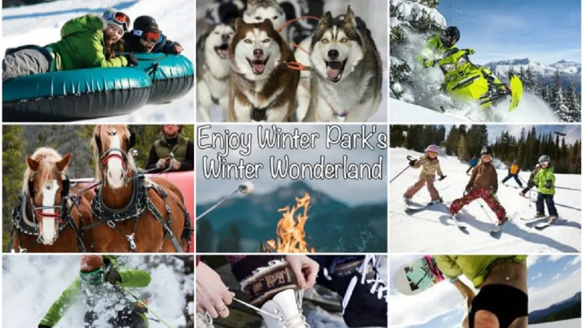 A dynamic winter scene featuring people tubing on snow, sled dogs ready for a ride, snowboarding action, a horse-drawn sleigh, and a lively fire pit surrounded by guests. The snowy landscape and array of activities spotlight the joyful, family-oriented energy of the area.