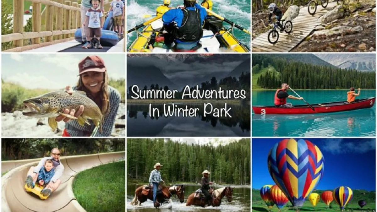 A lively collage of outdoor adventure activities including kayaking, mountain biking, fishing, horseback riding, and a hot air balloon in the sky. The scene is energetic and filled with people actively participating in summer sports and recreation against a backdrop of scenic nature.